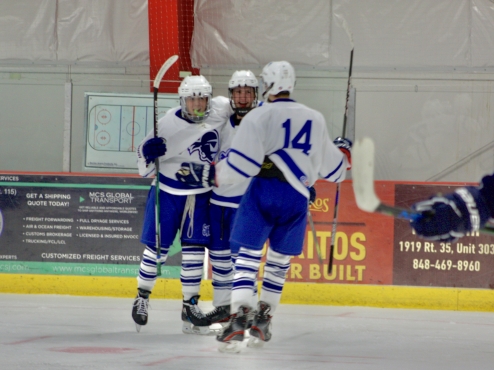 Seton Hall men's hockey players celebrate on the ice during a game.