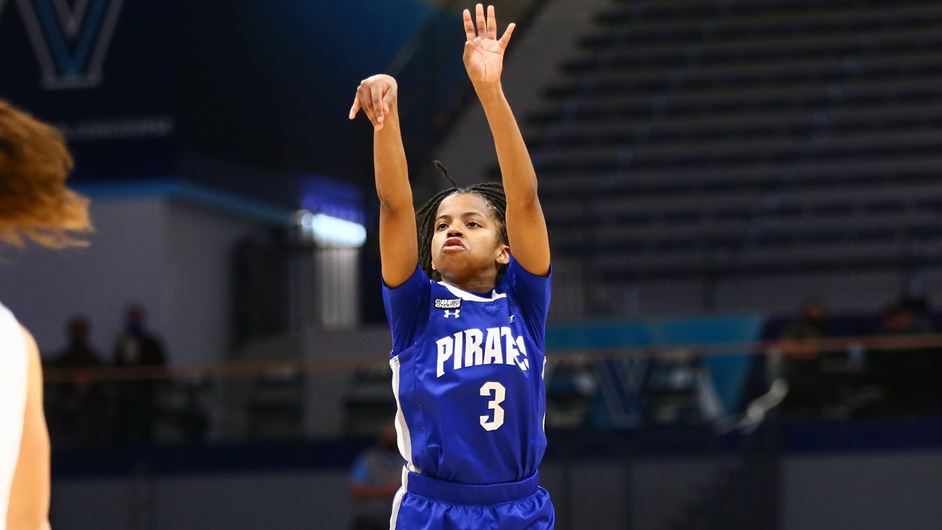 Seton Hall's Lauren Park-Lane attempts a jump shot during a women's basketball game.