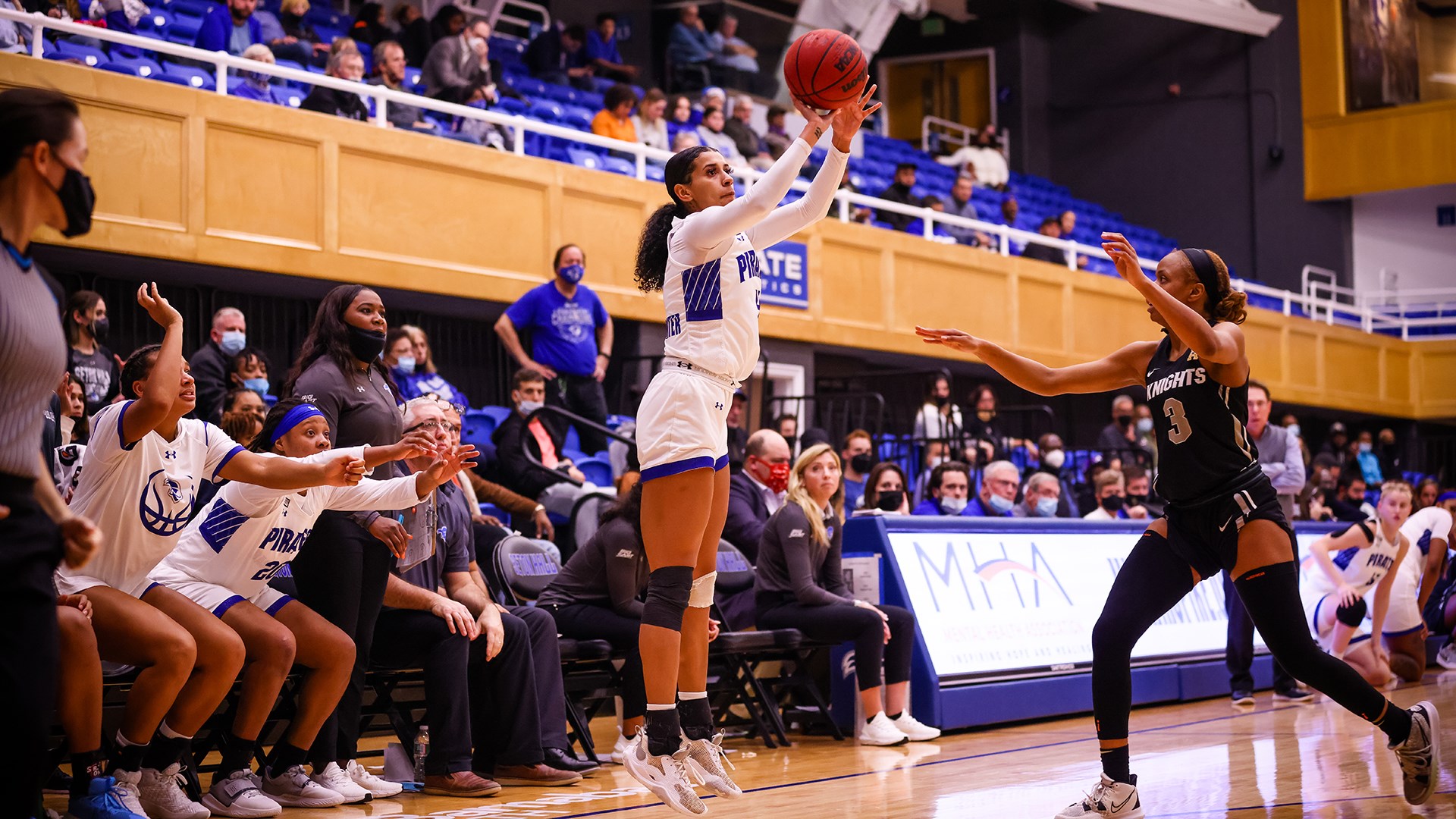Seton Hall's Andra Espinoza-Hunter takes a three-pointer during a home game against UCF.