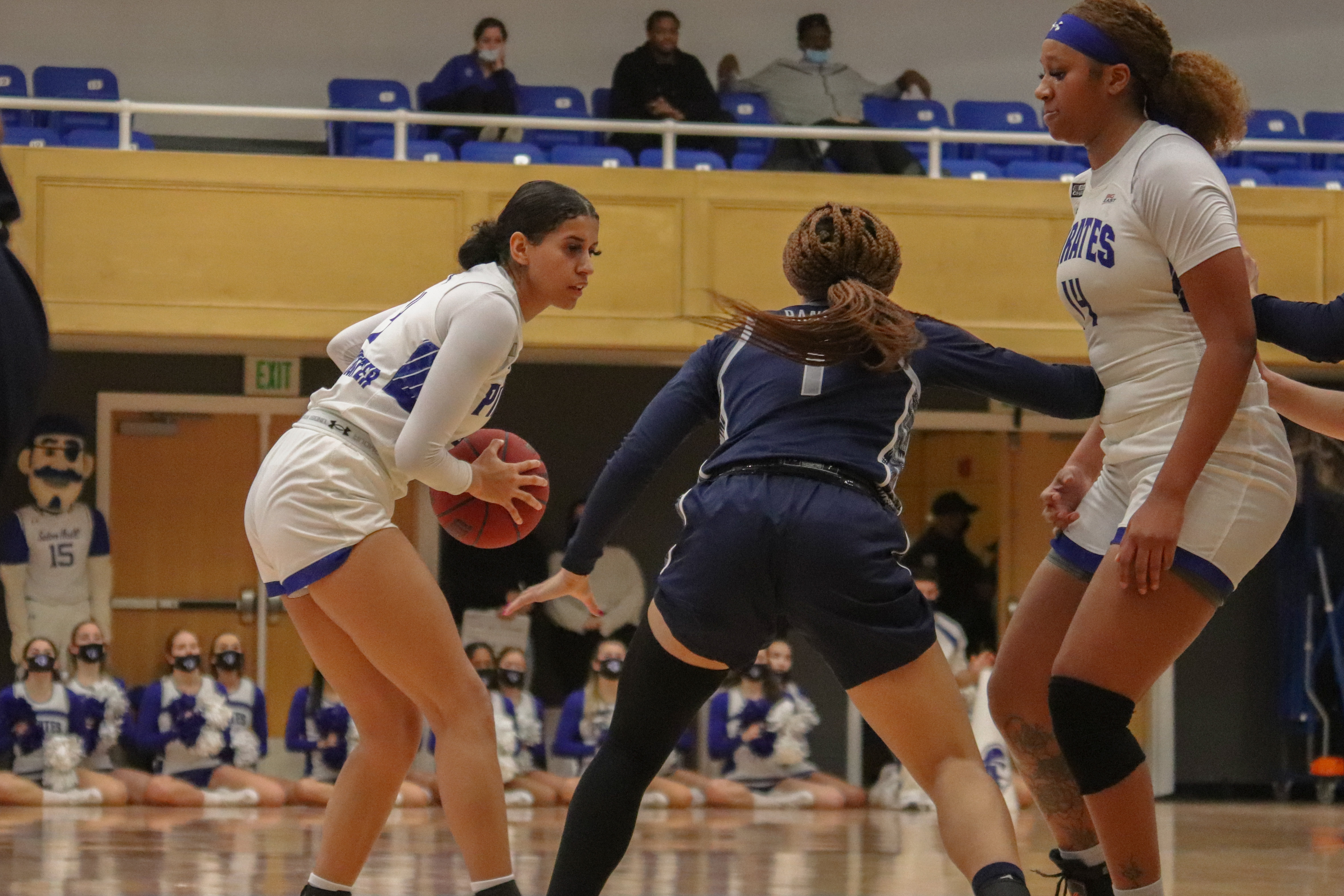 Seton Hall's Andra Espinoza-Hunter looks to score using a Sidney Cooks' screen during a home game vs. Georgetown.