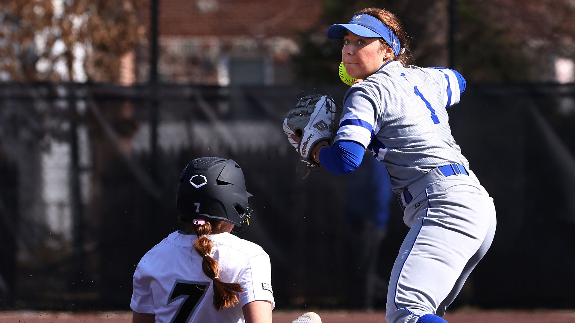 A Seton Hall women's softball pitcher attempts to throw the ball on the mound during a home game vs. Providence.