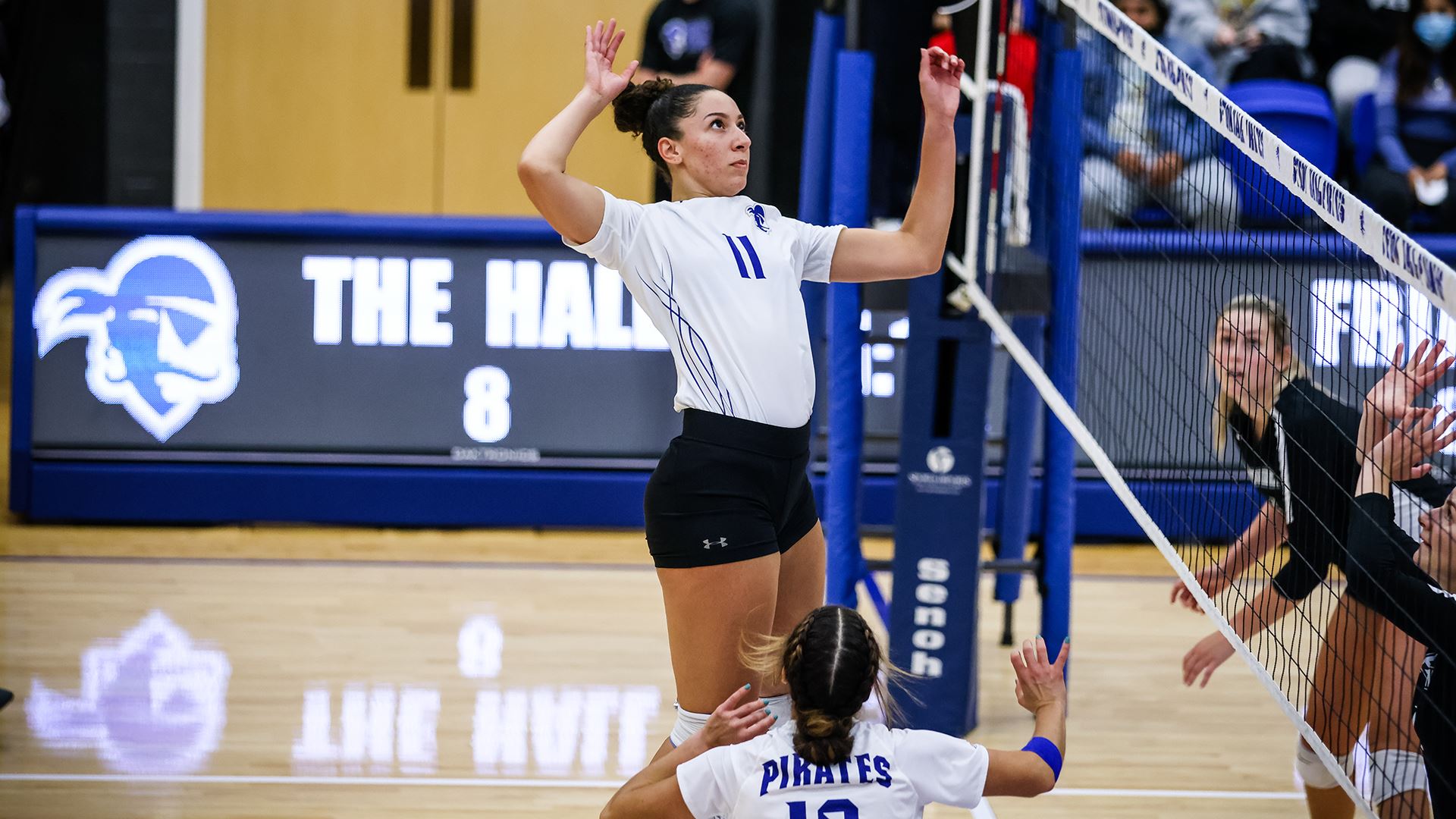 A Seton Hall women's volleyball player attempts a spike during a match.