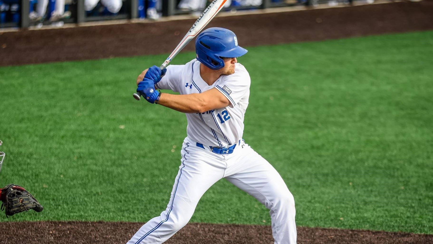 A Seton Hall batter stands at the plate during a game.