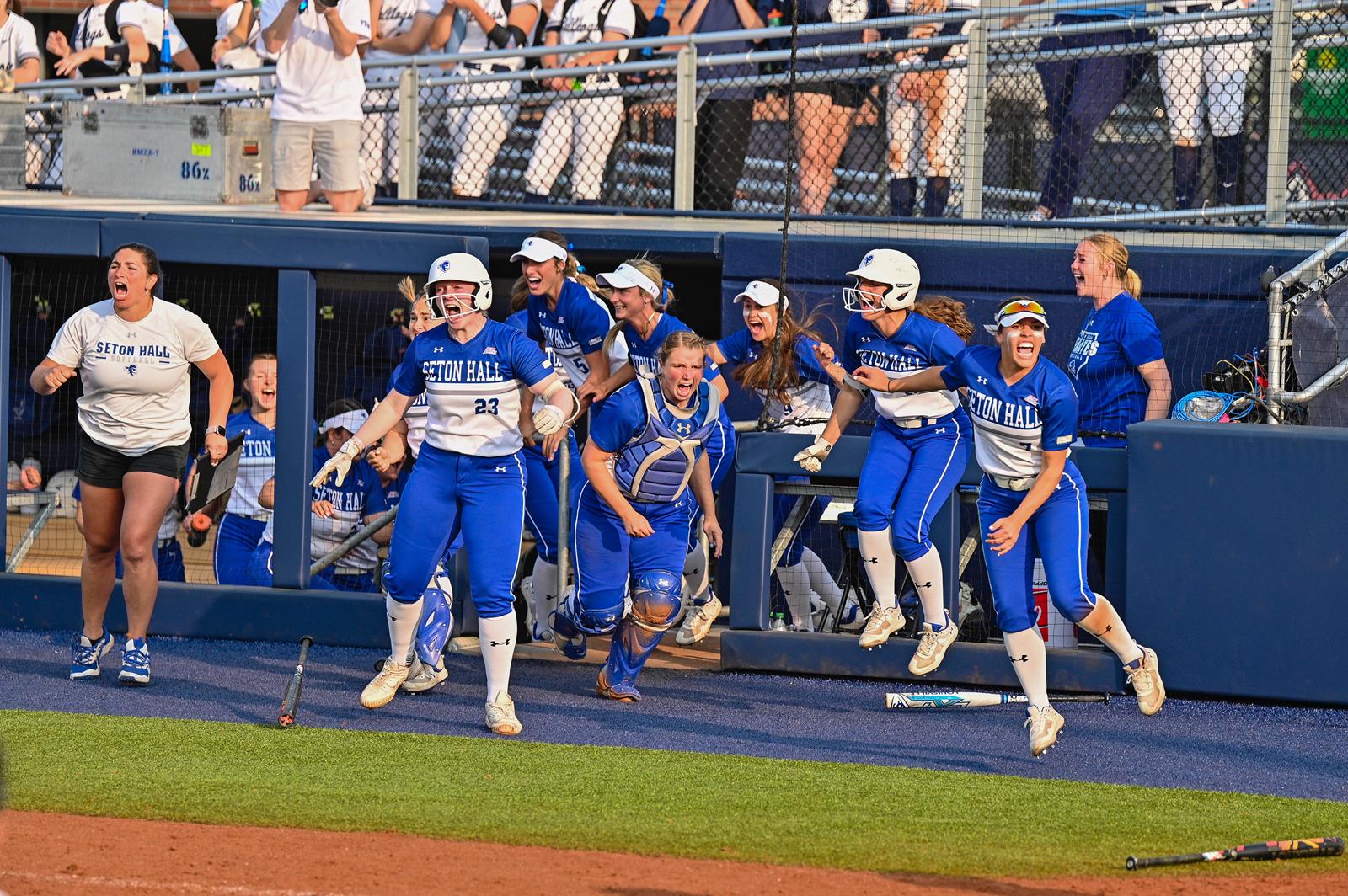 Seton Hall celebrates a walk-off win in the BIG EAST tournament.