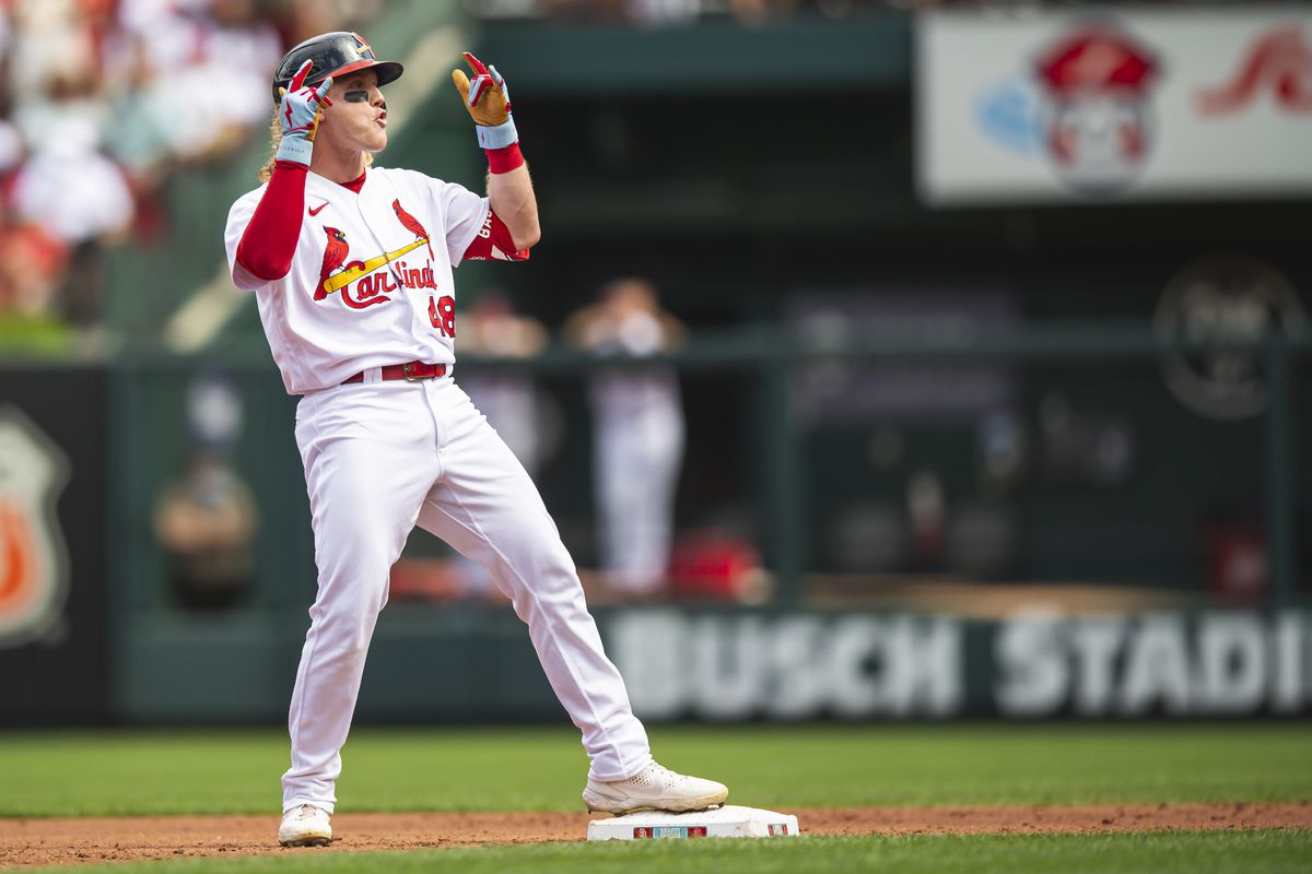 A St. Louis Cardinals player stands on a base during a MLB game.