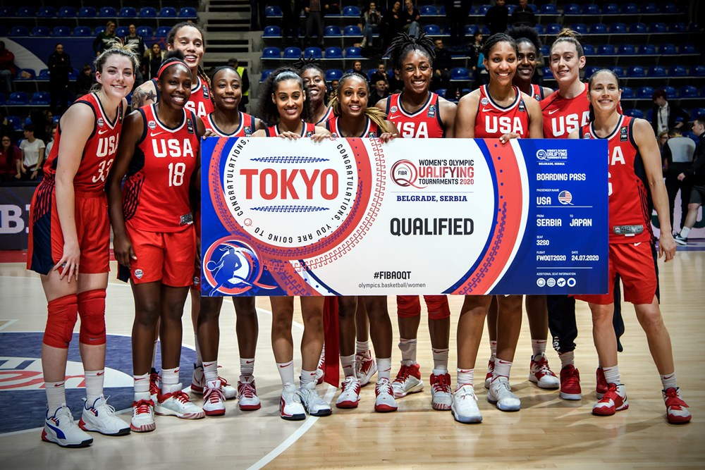 The USA women's basketball team poses for a photo after qualifying for the 2021 Olympic Games.