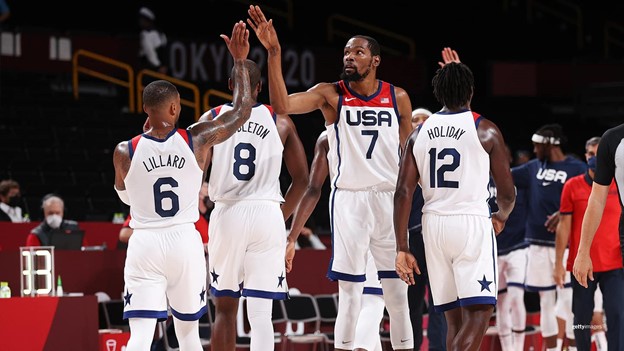 Team USA's basketball team walks off the court during the Tokyo Olympic Games.