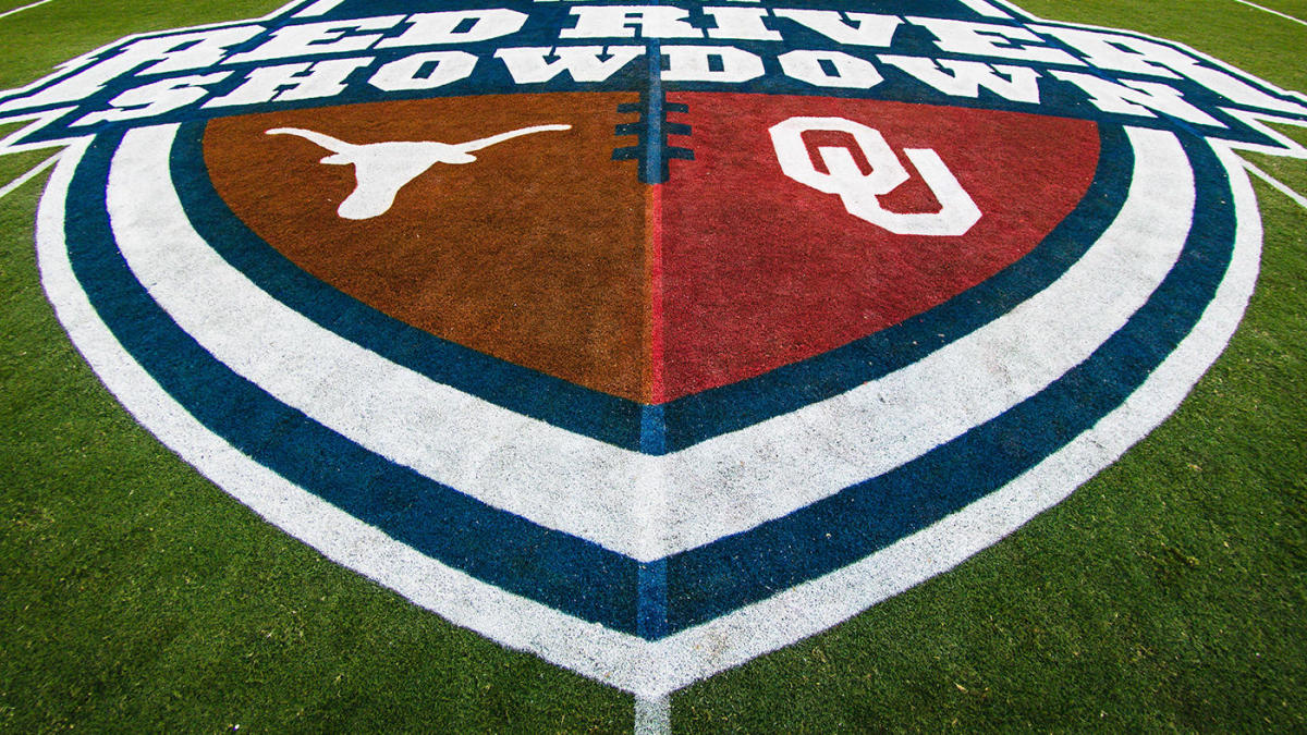 The Texas and Oklahoma logos are shown on a college football field.