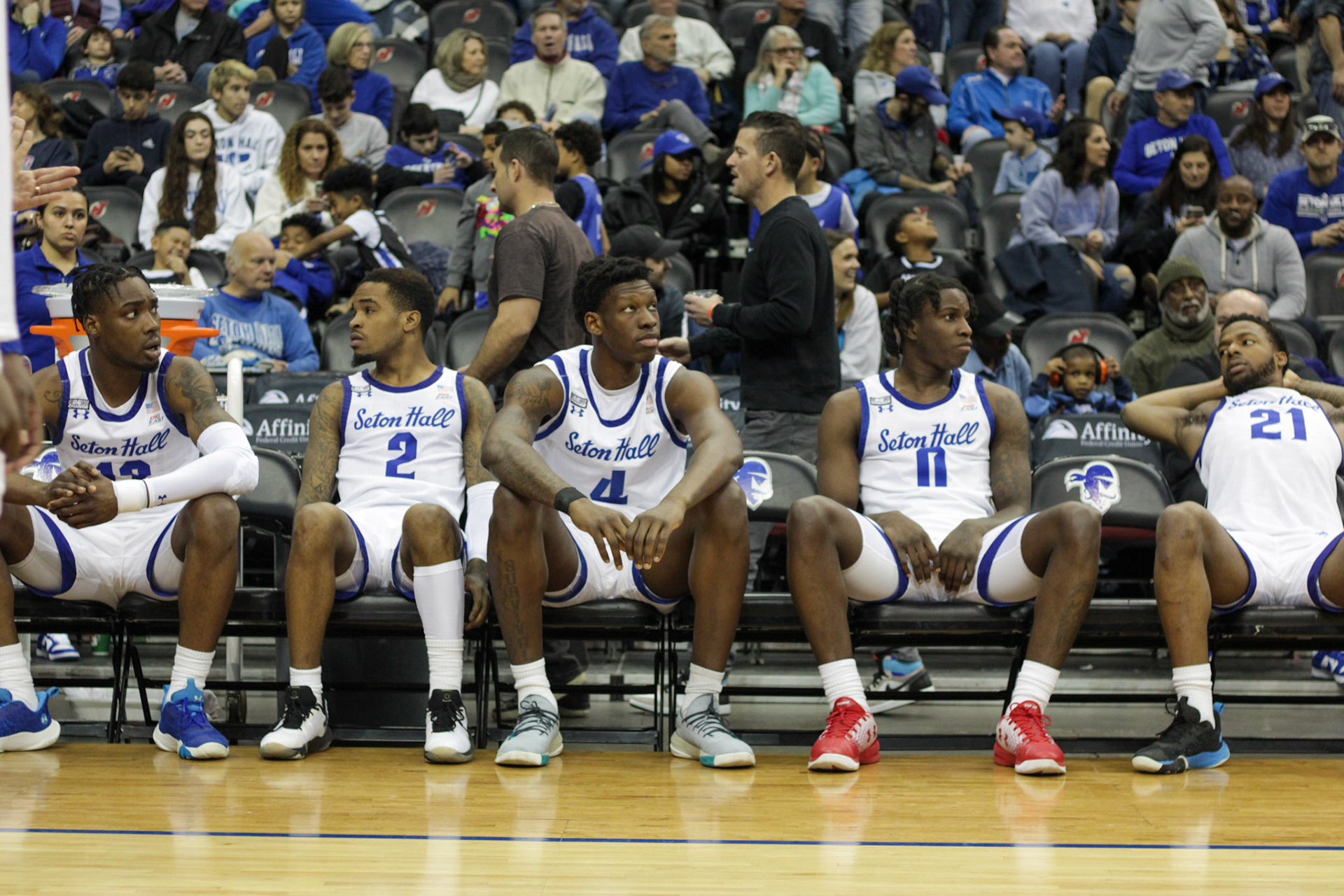 The Pirates' starting five get ready for the game against DePaul.