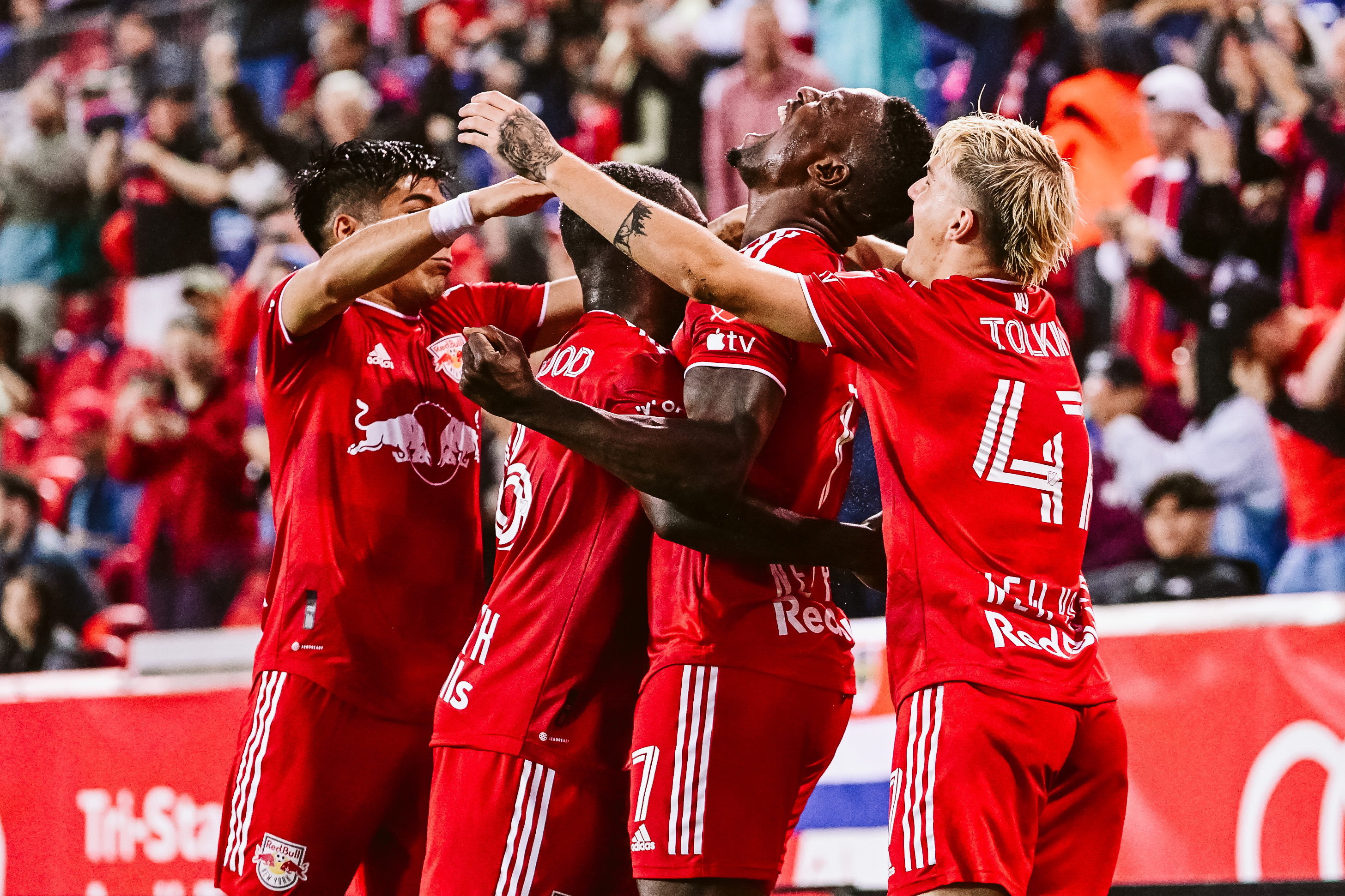 The Red Bulls celebrate a win against Montreal.