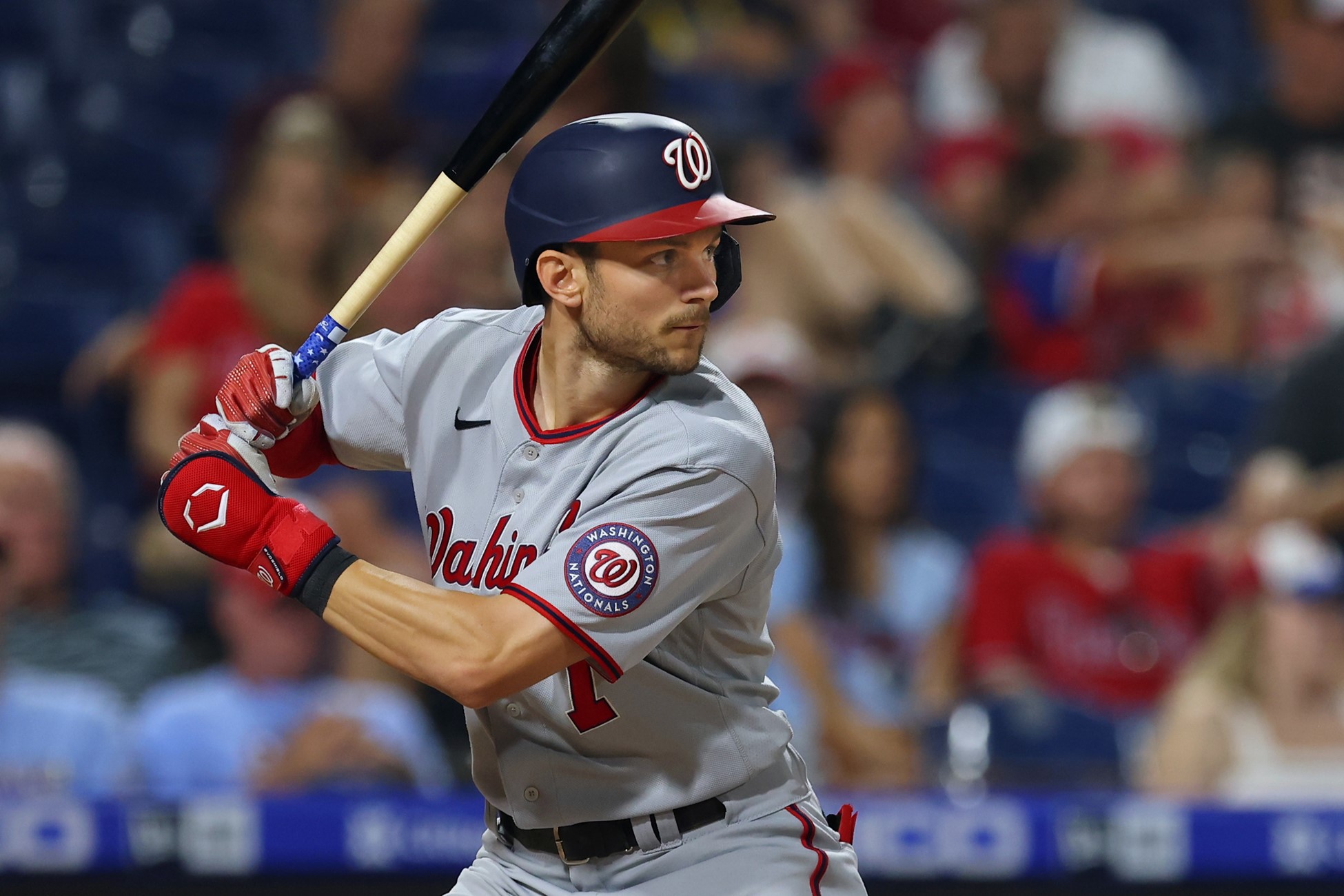 Trea Turner swings the bat during a MLB game.
