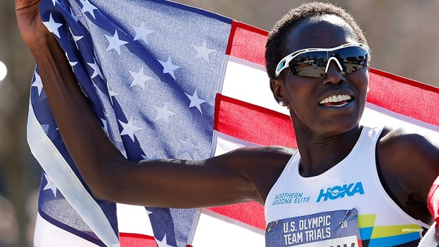 USA's Aliphine Tuliamuk smiles with joy after winning her event for her country.
