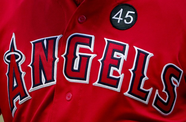 Tyler Skaggs' Los Angeles Angels jersey is shown remembering the former player.