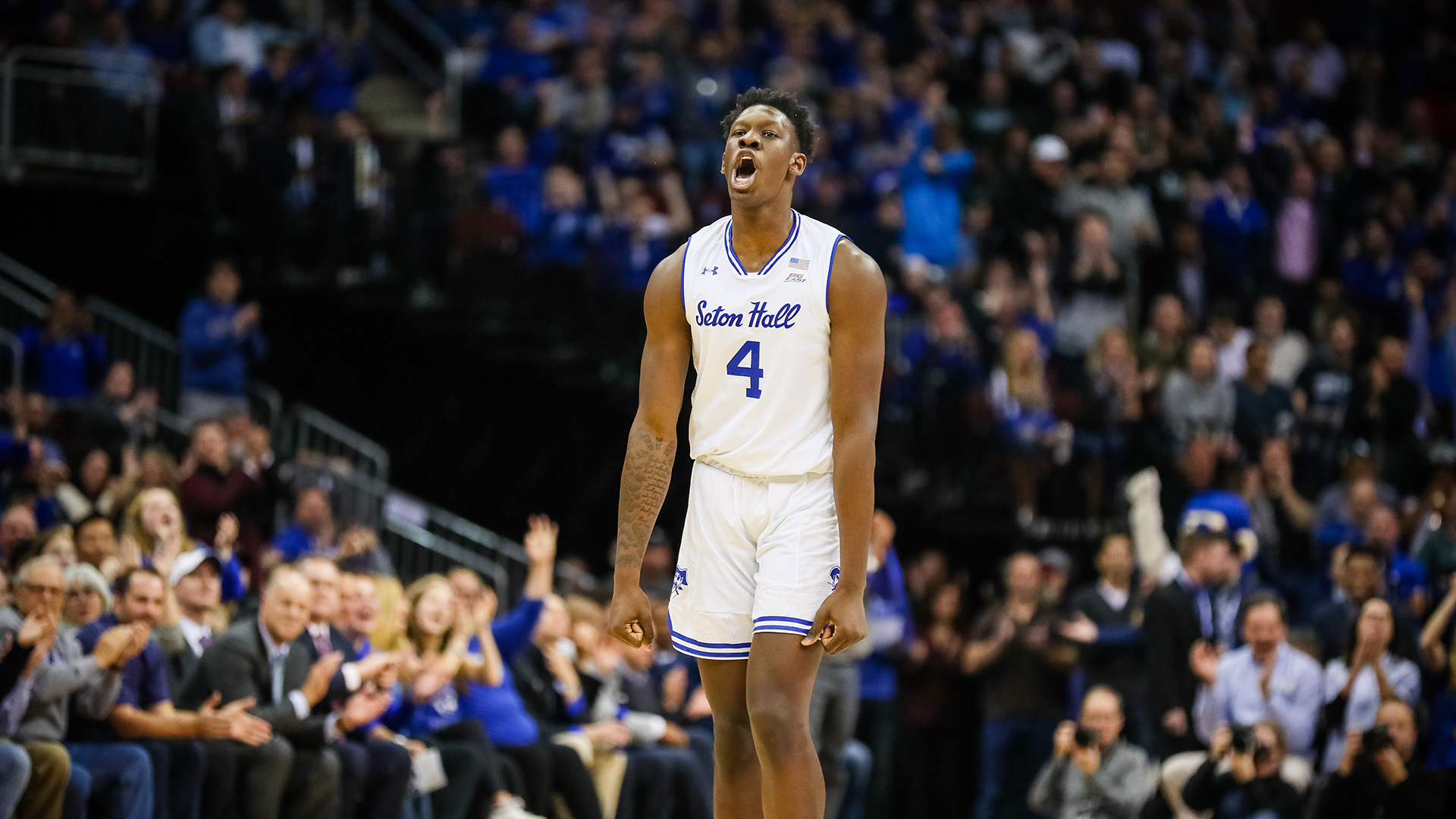 Seton Hall's Tyrese Samuel celebrates after a made basket during a Pirate basketball game.