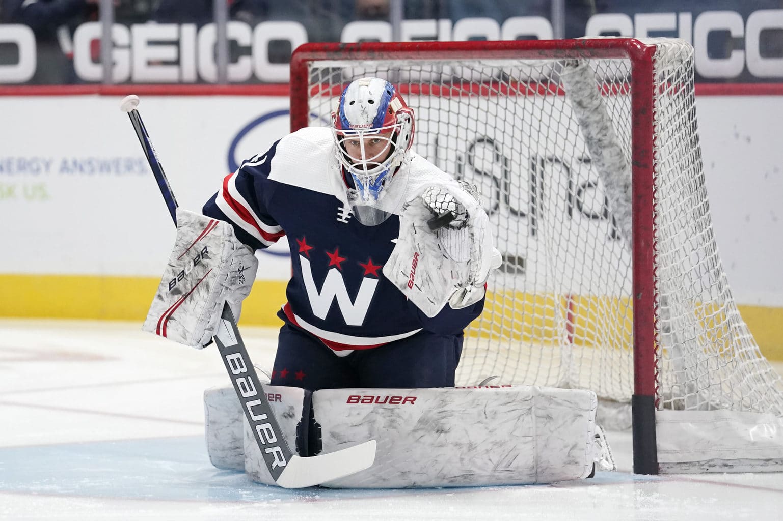 Vitek Vanek defends the net for Washington.