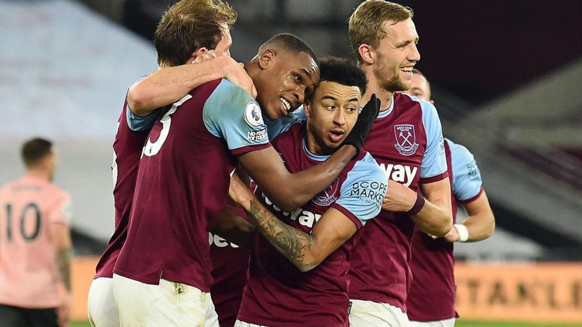 A group of West Ham soccer players celebrate after a goal.