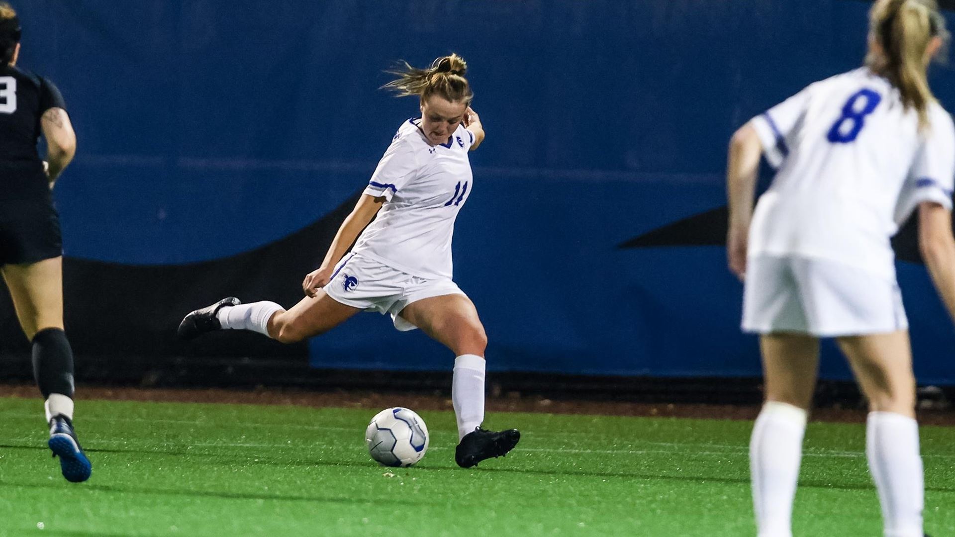 A Seton Hall women's soccer player kicks the ball during a game against Lafayette.