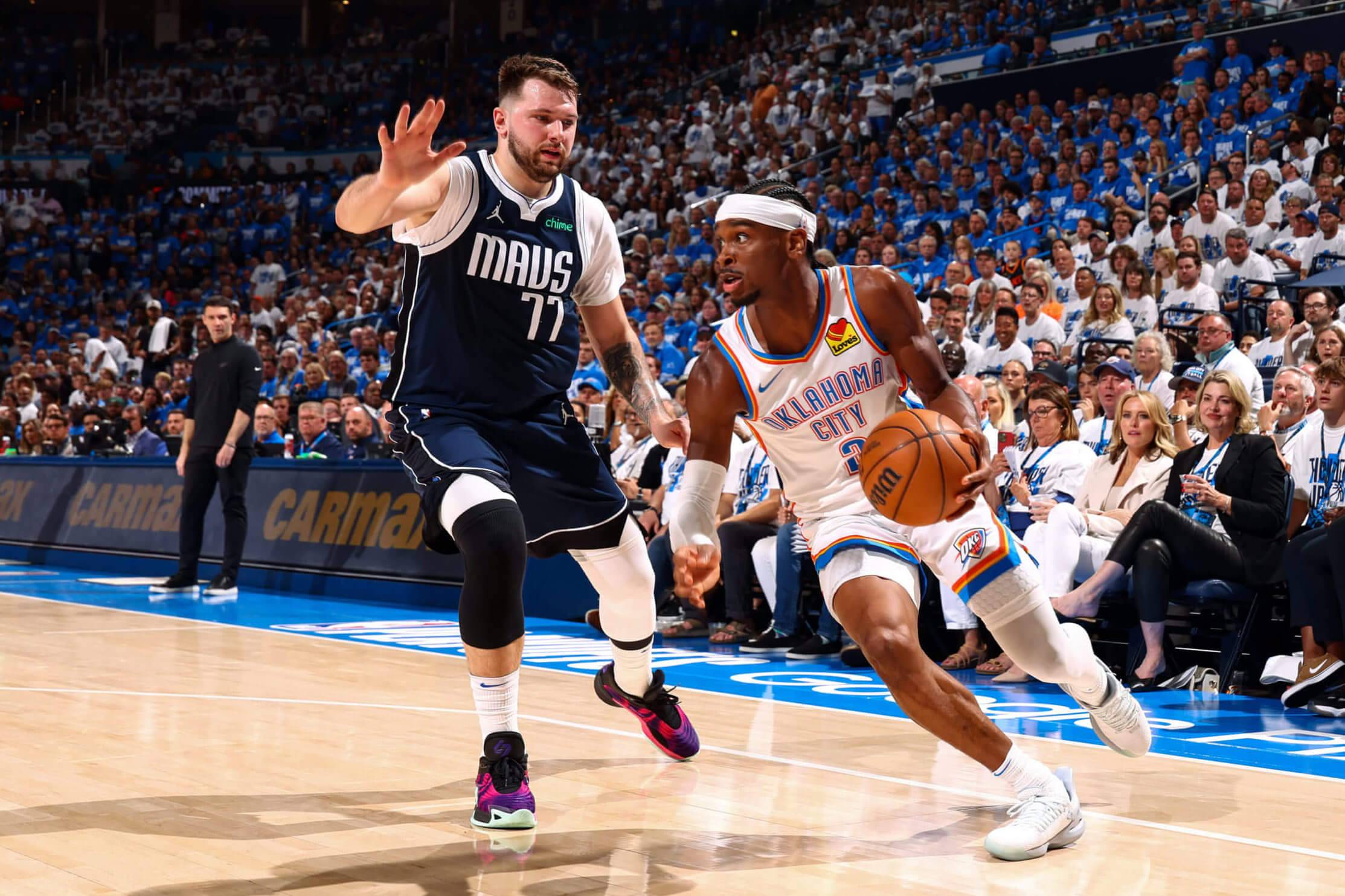 Luka Doncic (left) and Shai Gilgeous-Alexander (right) showdown in a Western Conference Finals rematch on Tuesday.