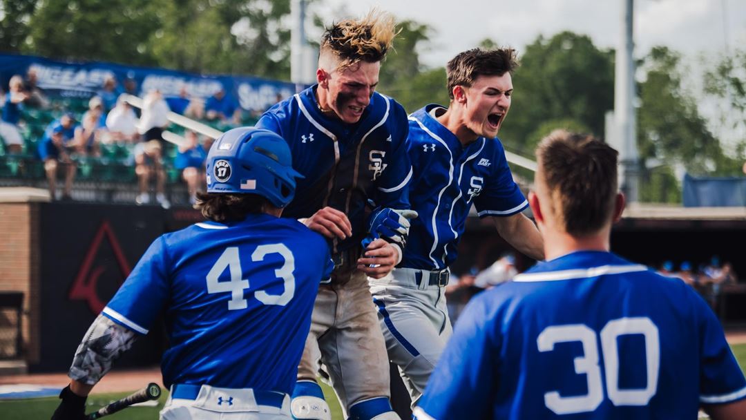 Seton Hall players celebrating early in the 9th inning of Thursday's game. 