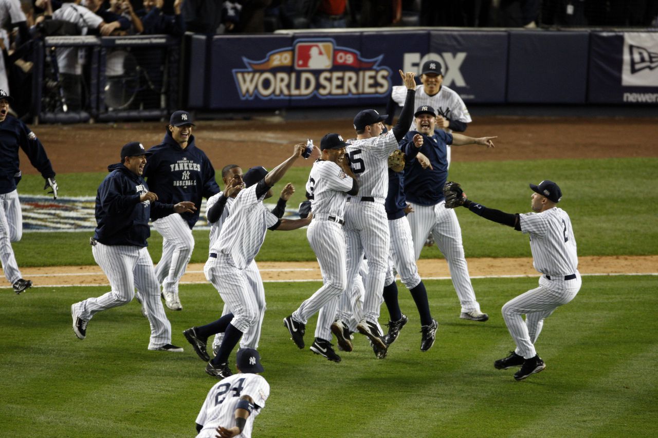 The Yankees celebrating their 2009 World Series win